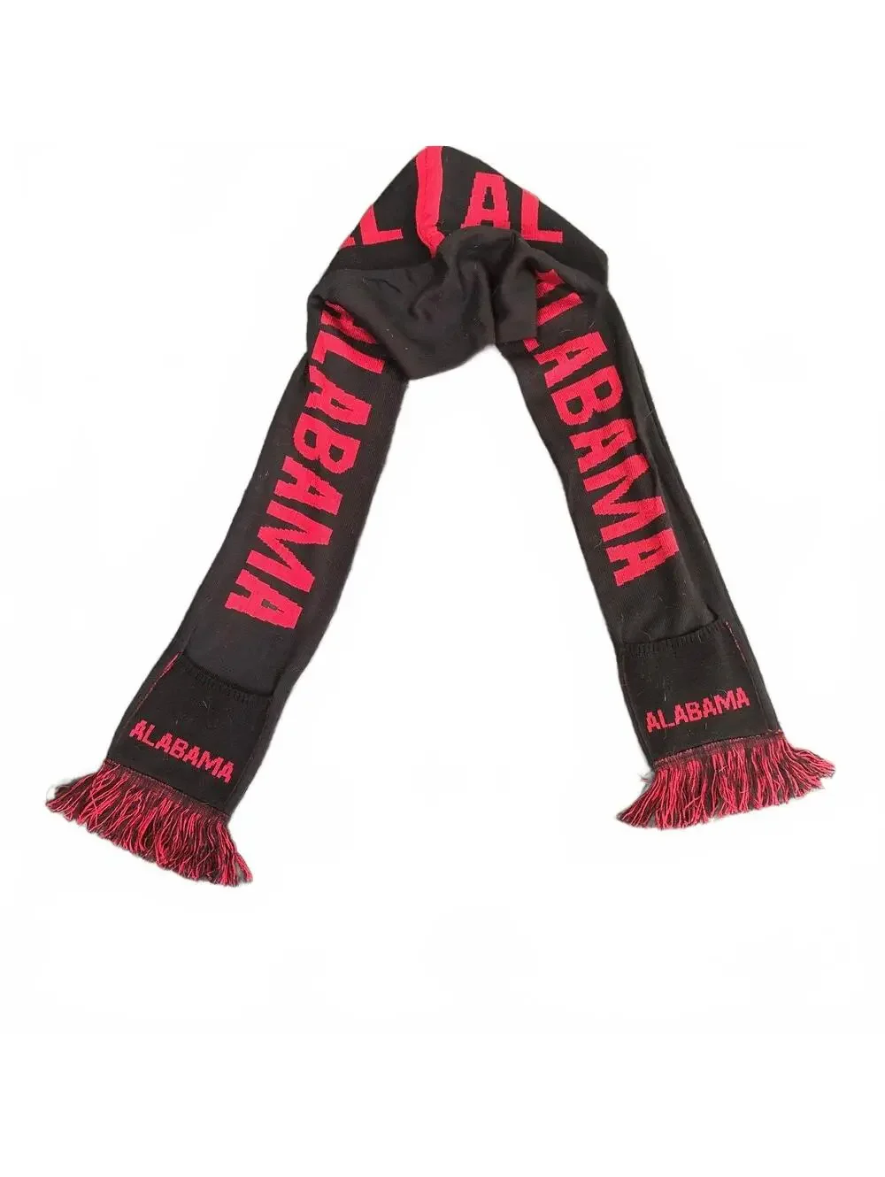 Black and Red Alabama Knit Hat with Fringed Scarf with Pockets